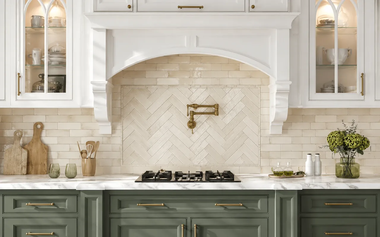 Herringbone tile kitchen backsplash behind a range