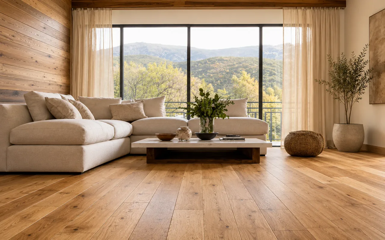 Engineered hardwood flooring in a sunlit living room