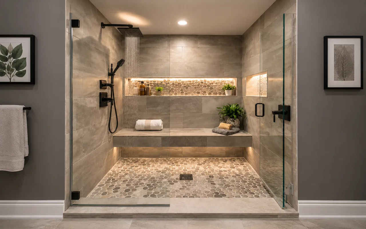 Custom walk-in shower with stone tile and a built-in bench