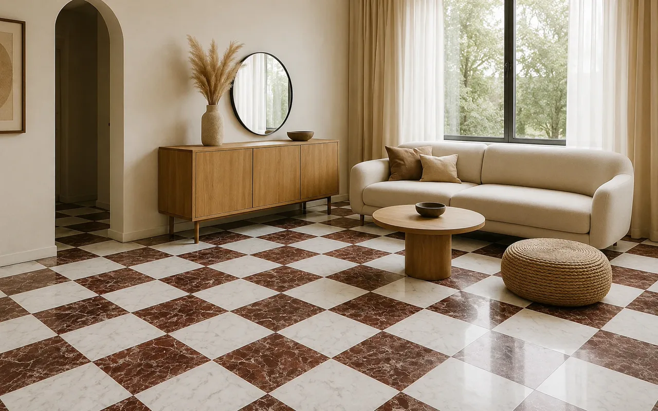 Checkerboard marble tile floor in a living room