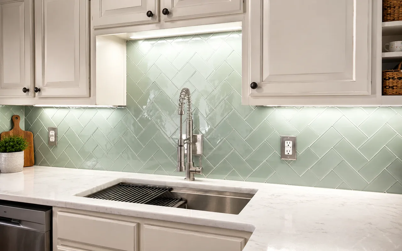 Sage green herringbone tile kitchen backsplash above a marble counter